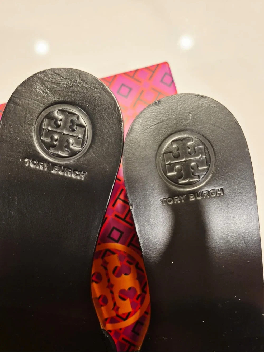 Tory Burch Black Leather Wood-Effect Wedge Slide Sandals - Women size 6